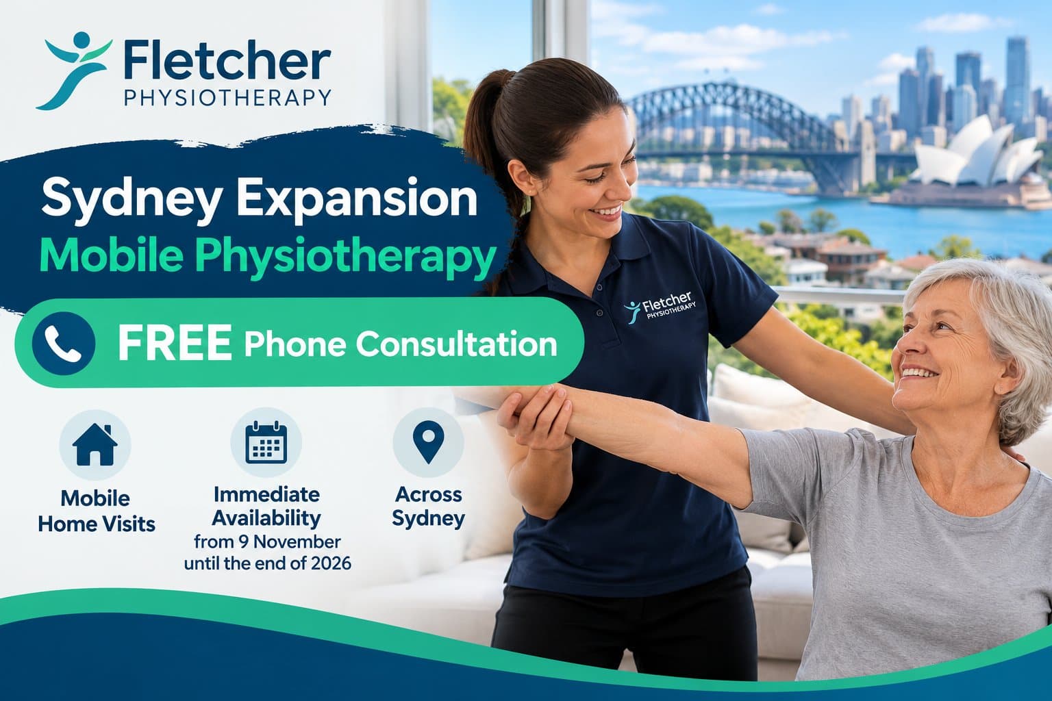 Sydney Expansion — Mobile Physiotherapy. FREE Phone Consultation. Mobile physiotherapy home visits across Sydney, available from 9 November 2026.